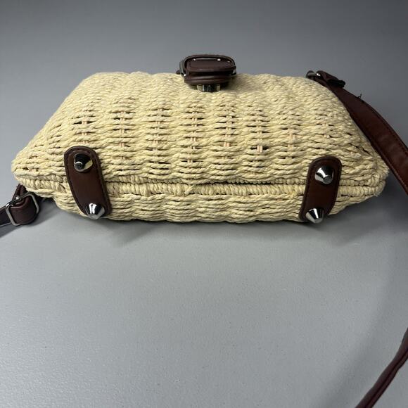 Woven Rattan Straw Crossbody Buckle Bag Beige Tan Hinge Picnic Beach Vacation - Picture 3 of 10